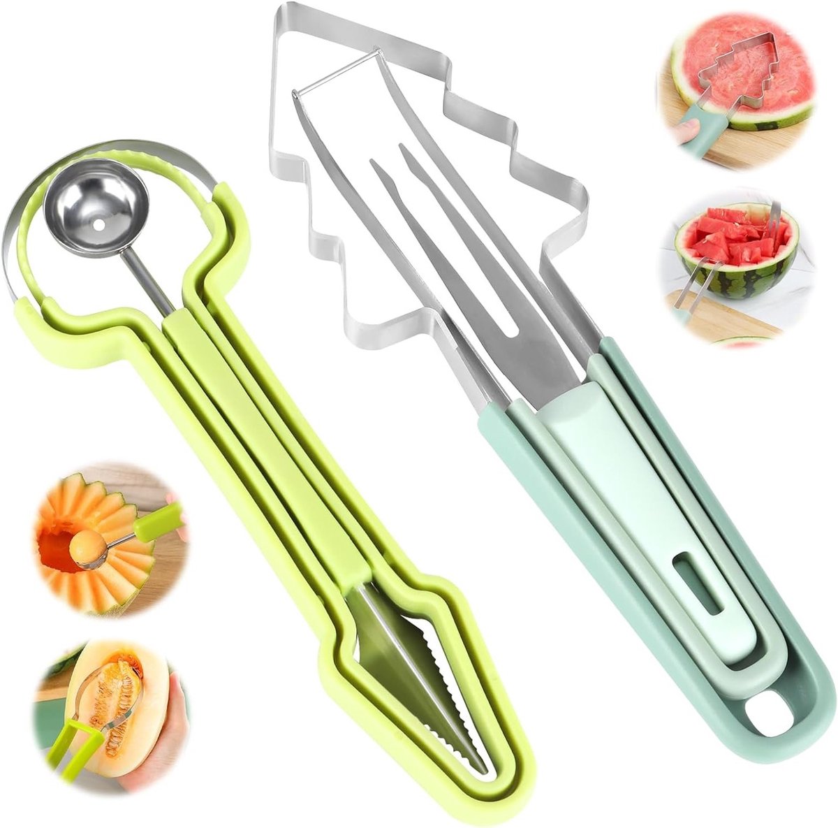 3-in-1 Fruit Snijder voor Meloen, RVS Watermeloen Cutter met Dubbele Kop, Ideaal voor Cantaloupe en Papaya Snijden