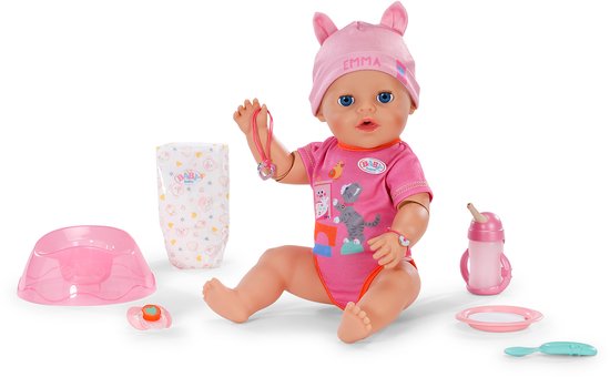 BABY born Emma pop zittend met roze outfit, muts met oortjes, fles, speen, luier, potje en accessoires.