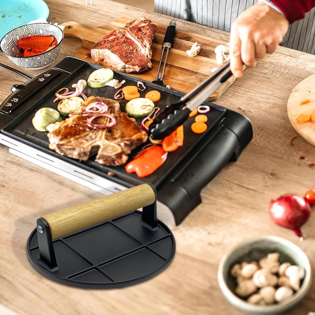 Burger Smasher - Hamburgerpers Grill - Hamburgers Grillen - Vergroot Grilloppervlak - 16.5 cm - Zilver