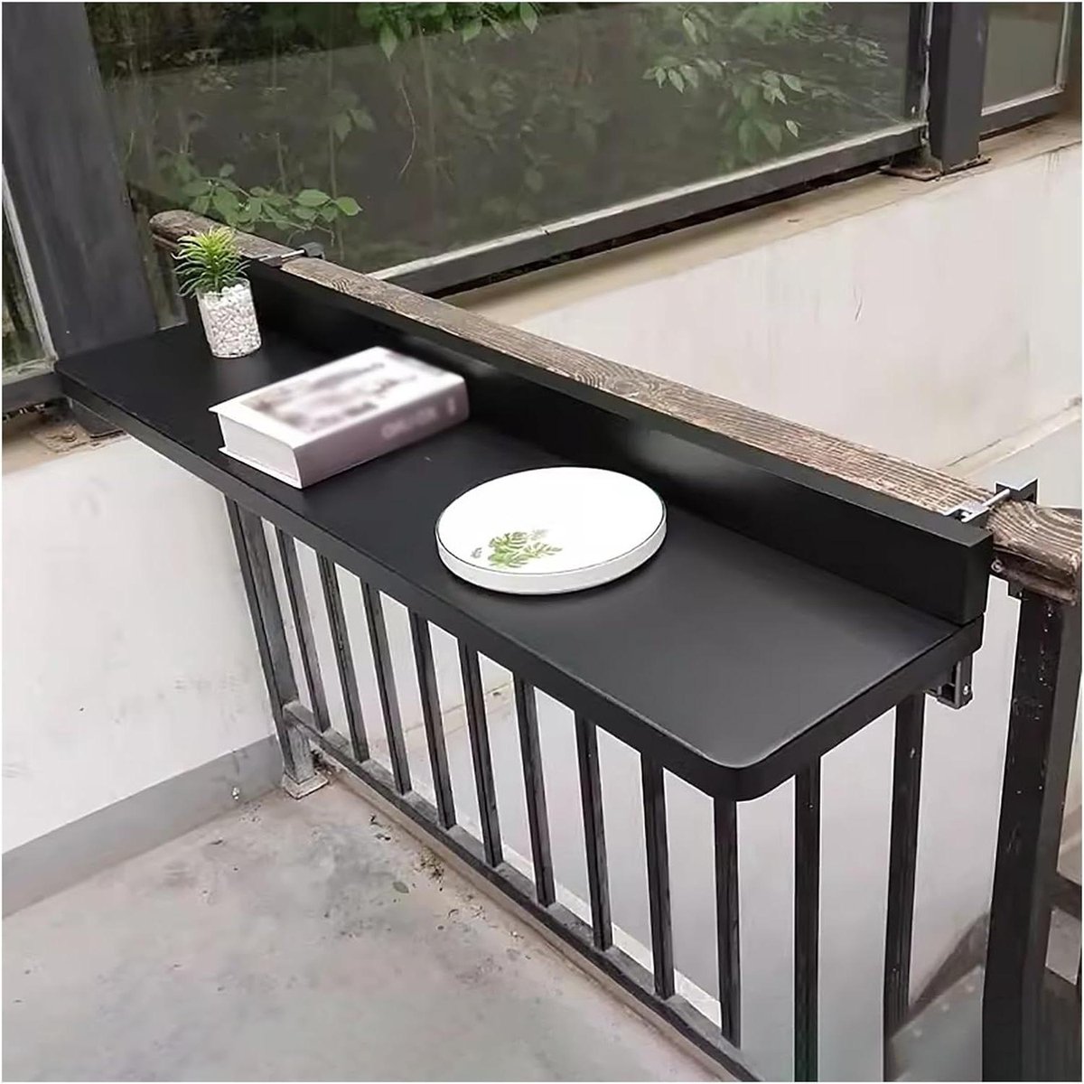 Balkon bijzettafel - Hangtafel opvouwbaar - Buitenruimte inrichten - Verstelbare klembevestiging - 120x28cm - Zwart