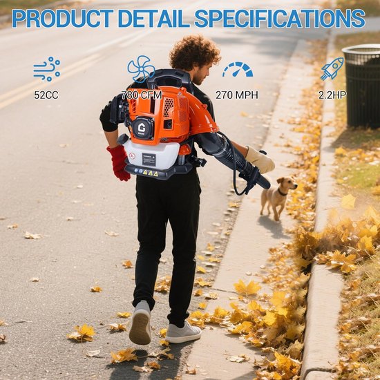 Krachtige rugzakbladblazer op gas, 52 cc, 2,2 pk, tweetaktmotor, 780 CFM, 270 MPH, draagbaar, krachtig, geluidsarm, ideaal voor gazon, tuin, bladeren en sneeuwruimen, oranje — afbeelding 4