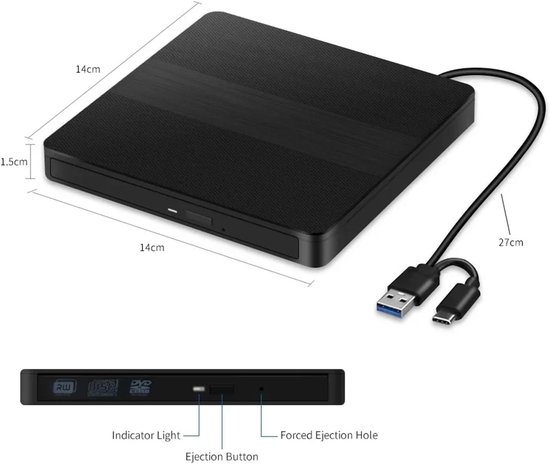 Externe DVD Brander - CD VCD Lezer - Bestanden Archiveren - USB 3.0 Type C - Slank Ontwerp - Zwart — afbeelding 3