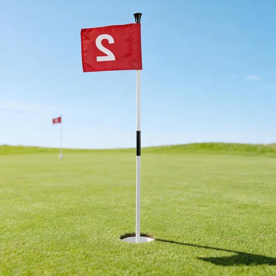 4-delige Golf Putting Green Vlaggen Set met Dubbelzijdige Genummerde Vlaggen, Afneembare Vlaggenmast, Ideaal voor Golftraining en Oefeningen, Hoogte 83 cm, Diameter 10,7 cm, Duurzaam Nylon in Rood — afbeelding 5