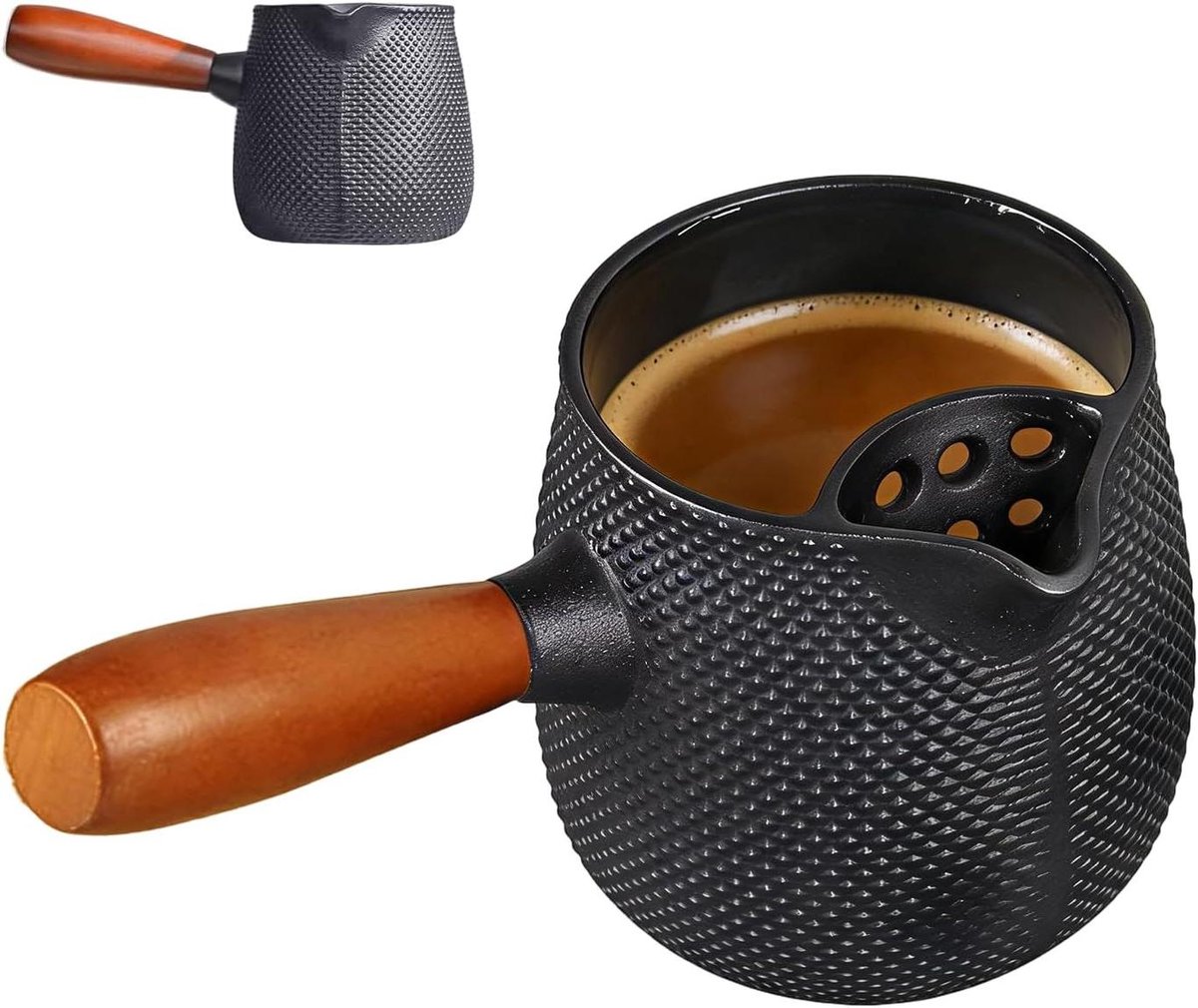 Waterkoker Gietijzer - Theepot Fornuis - Dranken Bereiden - Houten Handvat - 600 ml - Zwart