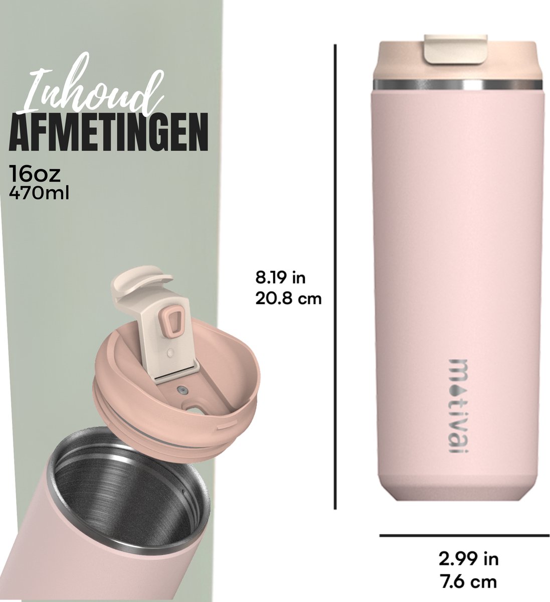 Motivai Daily Cup – Thermosbeker To Go – 470ML RVS Thermosmok – Lekvrij – Dubbelwandig Geïsoleerd – BPA-vrij & Duurzaam – Koffiebeker voor Onderweg – Rosé — cadeau in Koken & Dineren - foto 4