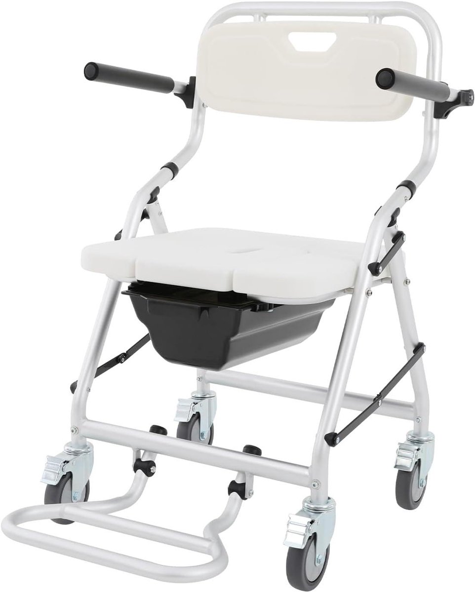 Toiletstoel met wielen - Commode stoel - Veilige ondersteuning - Inklapbaar ontwerp - 150 kg capaciteit - Zilver en wit