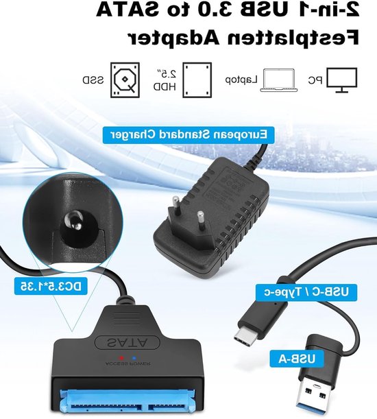 SATA naar USB 3.0 Adapter voor 2.5"/3.5" HDD/SSD met 12V 2A Voeding, Geschikt voor Mac OS, Windows en Linux, Externe Hardeschijf Verbinding — afbeelding 4