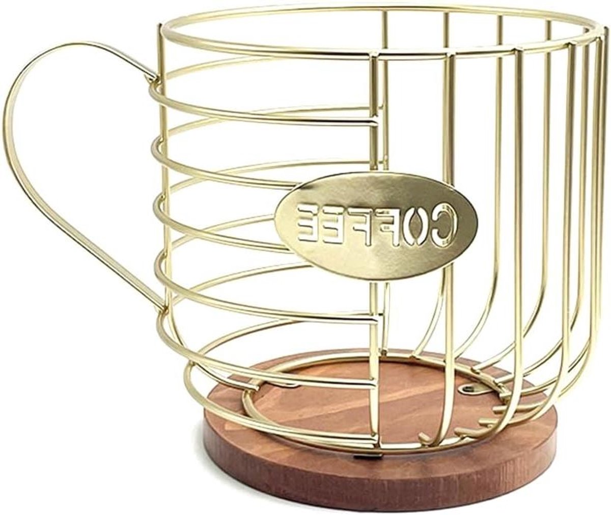 Koffiepadhouder - Koffiepadmand Opslag - Keuken Organiseren - Met Houten Bodem - 18 x 18 x 18 cm - Goud