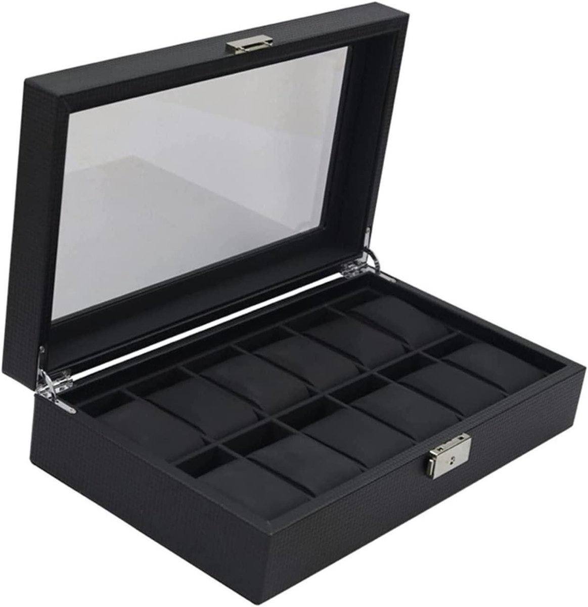 Horlogedoos Opbergdoos - Sieraden Collectie - Accessoires Opbergen - Koolstofvezel Afwerking - 345 cm Lengte - Zwart