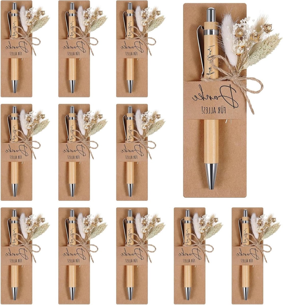 Houten balpen met gravure en boeket van echte gedroogde bloemen, inclusief papierhouder voor afscheidscadeau voor leraar, collega of vriend, set van 12