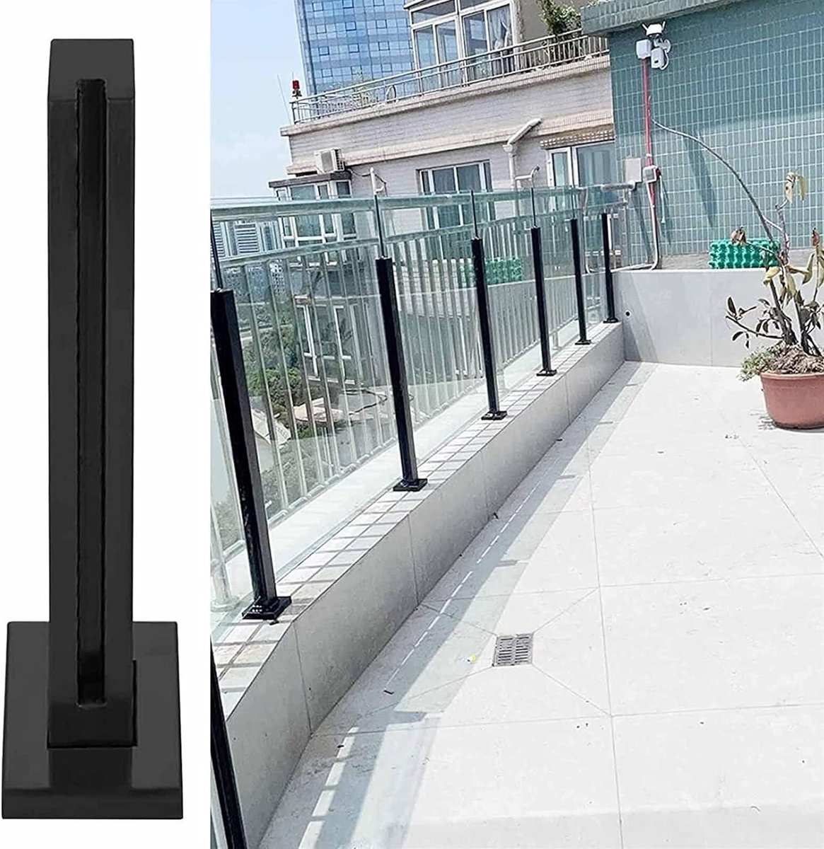 Glazen Balustrade Paal - Glazen Leuning Hek - Terras Afschermen - Roestvrij Staal - 10mm of 12mm glas - Zwart