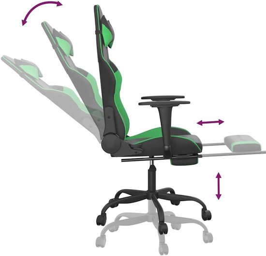 Gaming Stoel - Fauteuil Relaxstoel - Comfortabel Gamingsessies - Met Verstelbare Rugleuning - Met Voetsteun - Zwart Groen — afbeelding 4