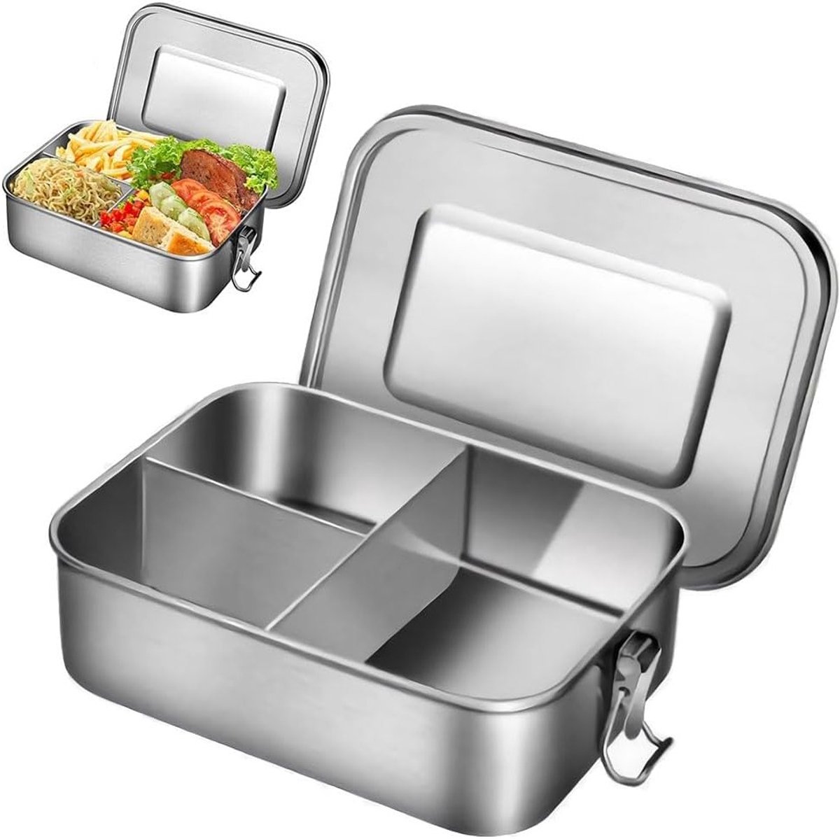 Rvs lunchbox met lekvrije afsluiting, 3 compartimenten, eenvoudig schoon te maken en vaatwasserbestendig voor kinderen