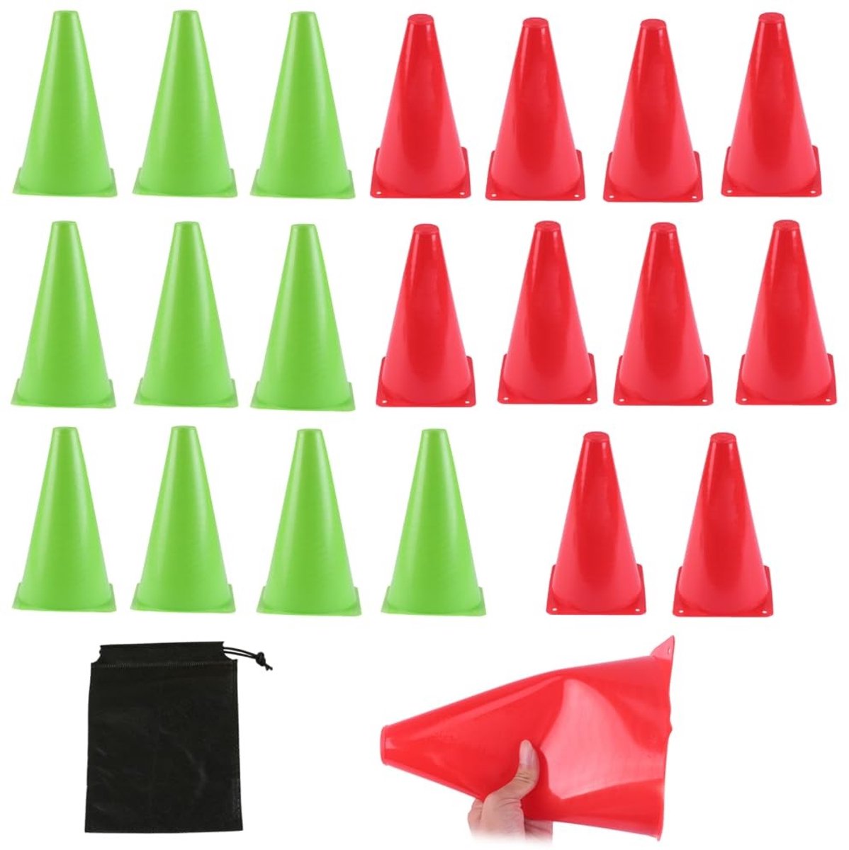 Dailygoody - Sport Cones - Trainingsmarkeringen - Set van 20 in Rood en Groen - Ideaal voor Voetbal en Basketbal - Inclusief Opbergtas