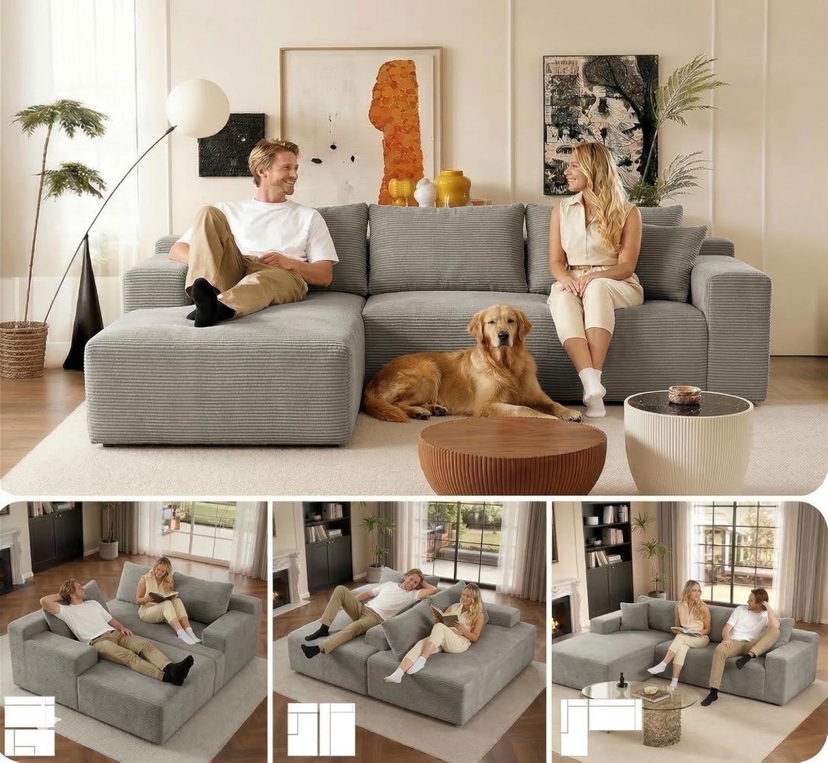 Hoekbank L-vorm 263 x 173 cm – Slaapbank met chaise longue rechts – Modulaire bank – Fluweel lichtgrijs – Comfortabele 3-zits bank met schuimvulling – Modern design – Laura