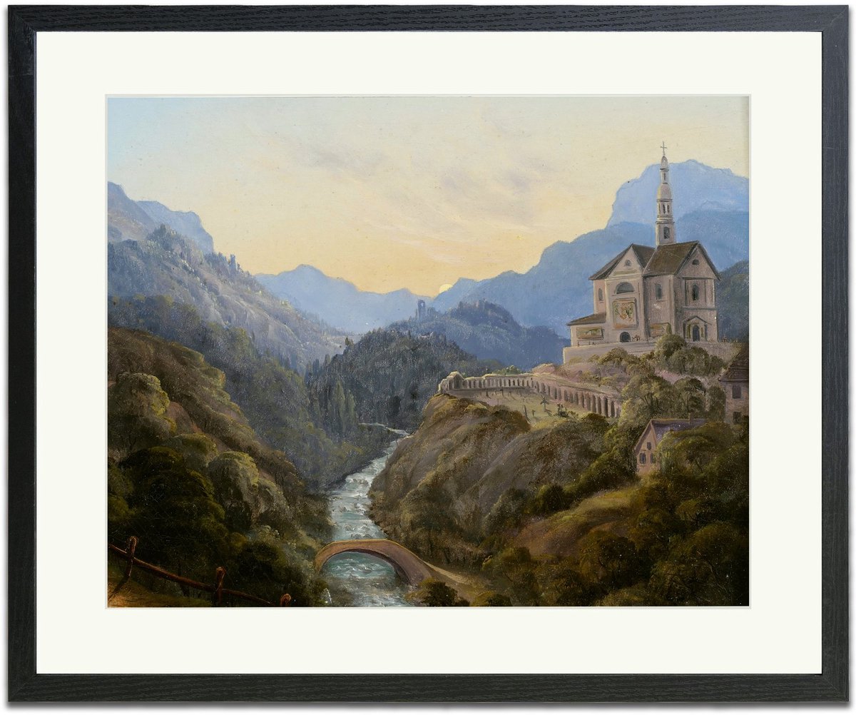 Alpendal bij zonsondergang - Ingelijste Muurkunst - 63x53cm zwart frame - Glasplaat en Passe-partout - Museum kwaliteit print