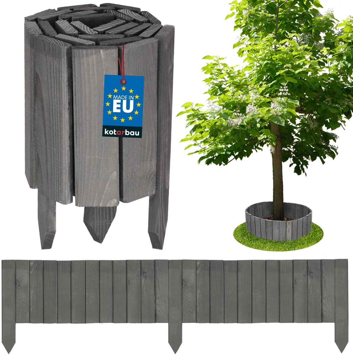 KOTARBAU® Bloembedrand, Rolborder, 110 x 20 cm, Antraciet, Tuinafscheiding, Houten Tuinhek, Borderrand, Palissade, Schapenhek, Tuindecoratie