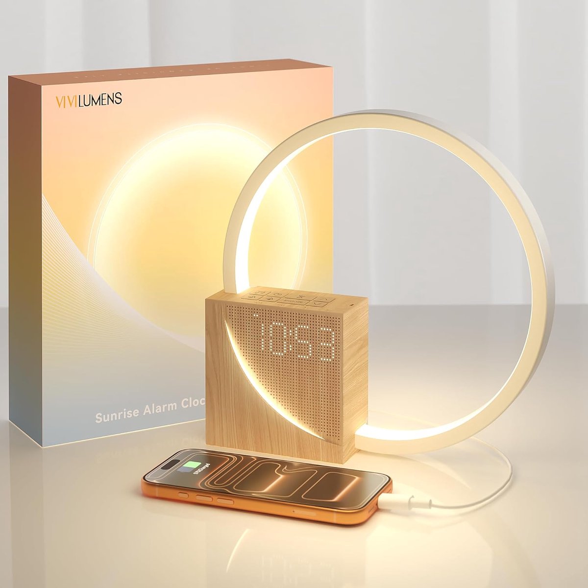 Wekker met Zonsopgang - Wake-up Light - Zware Slaap - 10 Natuurgeluiden - 22.6 cm Diameter - Houtkleur