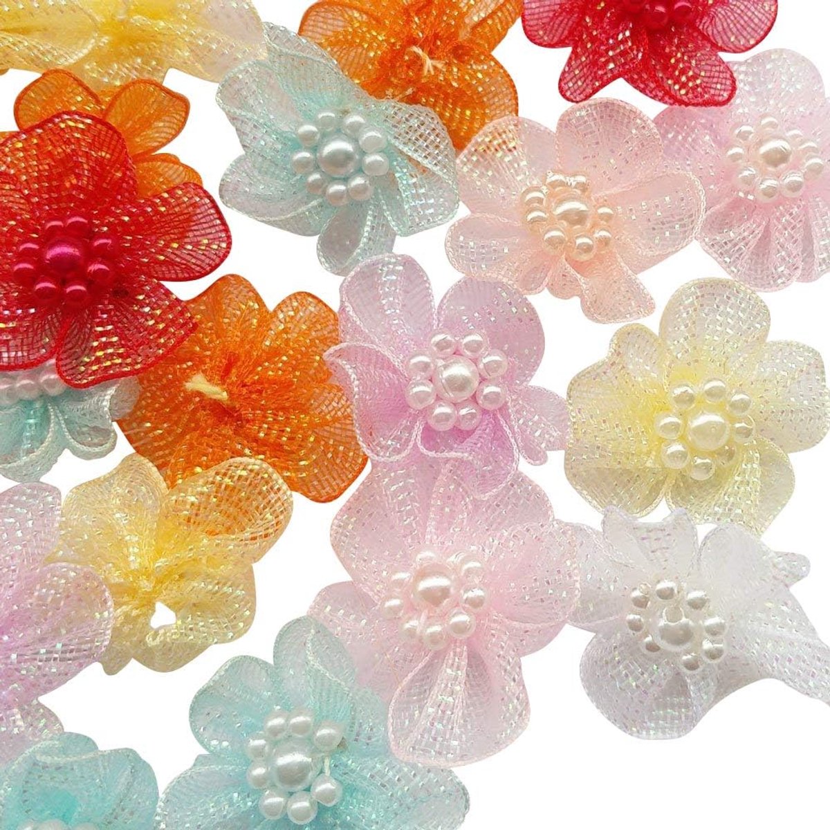 Organza Bloemen Applicaties - Lint Strikken - Bruiloft Decoratie - Met Kralen - 40 Stuks 28mm - Mix Kleuren