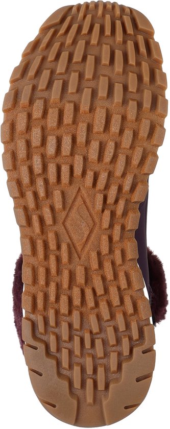Onderkant van een paarse veterboot met een bruin profiel.