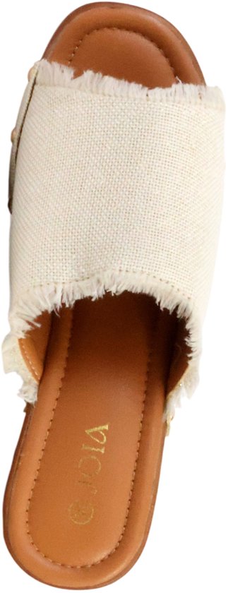 Dessus de mules Joia en toile blanche avec boucle cuivrée et semelle en bois.