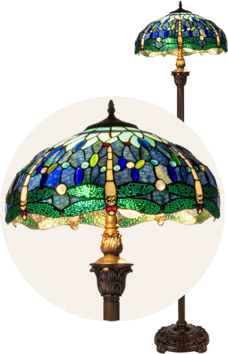 Tiffany vloerlamp Libelle - Blauw-groen - Ø 40 × H 165 cm - Staande lamp - Glas in lood - Warm licht - Dragonfly | RORUVERA