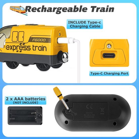Gele 'express train' locomotief wordt opgeladen via Type-C kabel. Batterijcompartiment van de afstandsbediening.