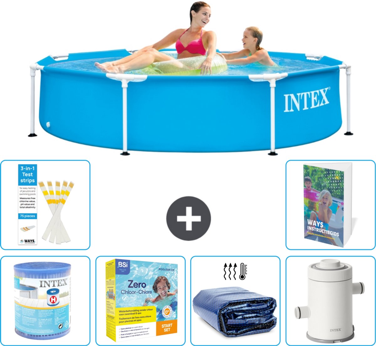 Intex Rond Frame Zwembad - 244 x 51 cm - Blauw - Inclusief Filter - Onderhoudspakket - Solarzeil - Zwembadfilterpomp - 7-delig