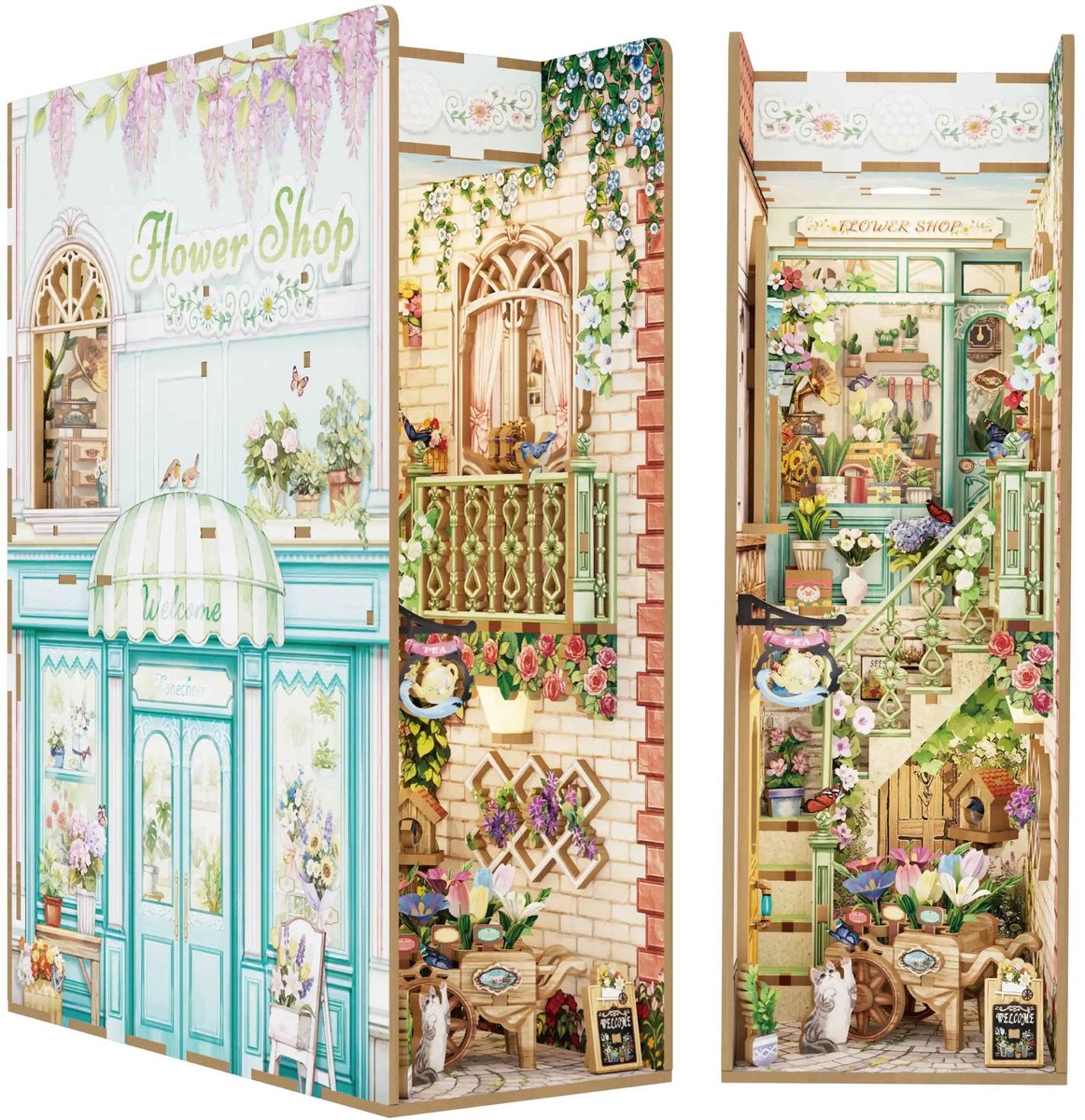 Tonecheer TQ141 Flower Shop Book Nook Bouwpakket | Miniatuur huisjes pakket modelbouw voor volwassenen | Houten 3D Puzzel | Woonkamer decoratie boekensteun | Bewegingssensor led lights verlichting | DIY boekenhouder collectie