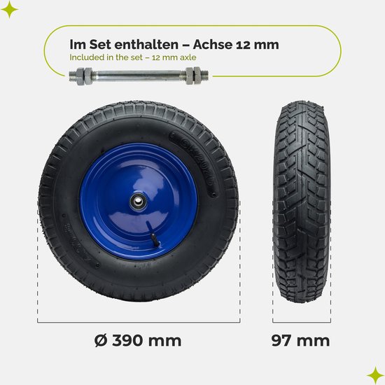GARRONDA 2-pack zwart-blauw - Vervangwiel Kruiwagen 4.80/4.00-8 Kruiwagenwiel Ø 390 mm Luchtband 6PR Band tot 250 kg met As Stalen Velg Kogellager voor Tuinwagen Erf Bouwplaats GD-0163, Zwart-Blauw van Garronda — afbeelding 4