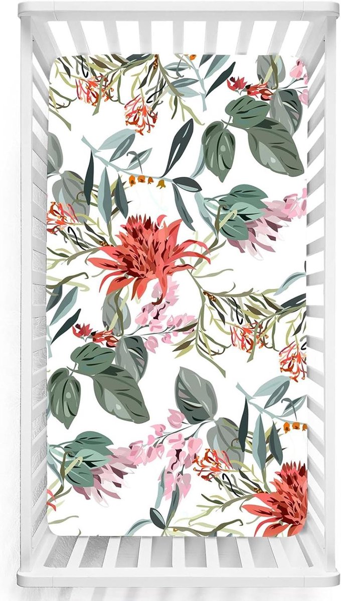 Baby Hoeslaken - Ledikantlaken Wieg - Babykamer Inrichting - Ademend Zacht Katoen - 100x135 cm - Rode Bloem