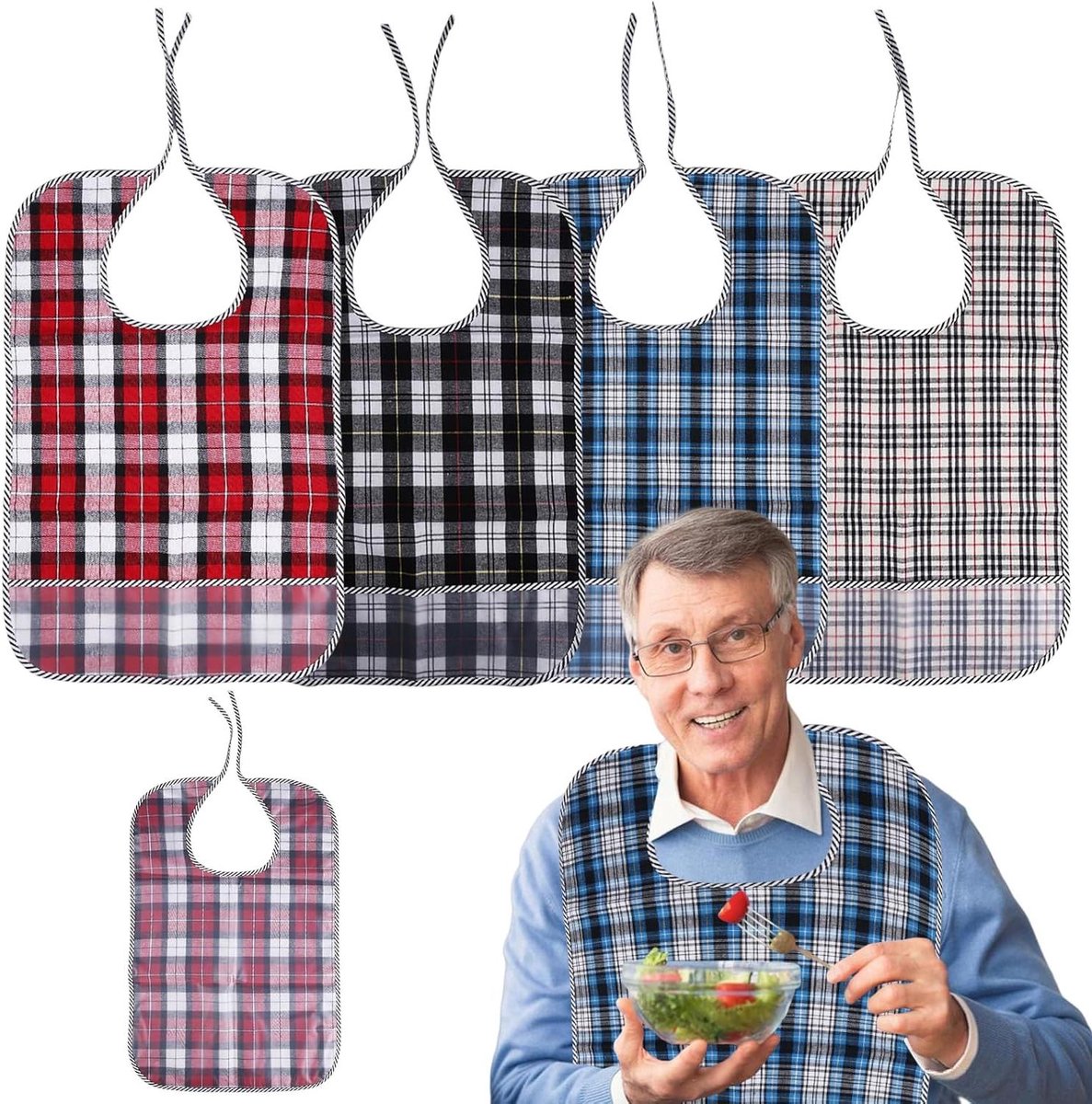 Slabbetjes voor Volwassenen - Kledingbeschermers Eten - Bescherming Kleding - Met Kruimelvanger - 4 Stuks - Rood Blauw Kaki Zwart
