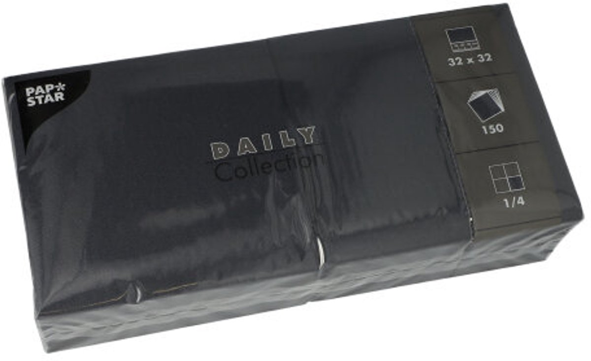 6x 150 Servetten DAILY Collection 1/4 vouw 32 cm x 32 cm zwart