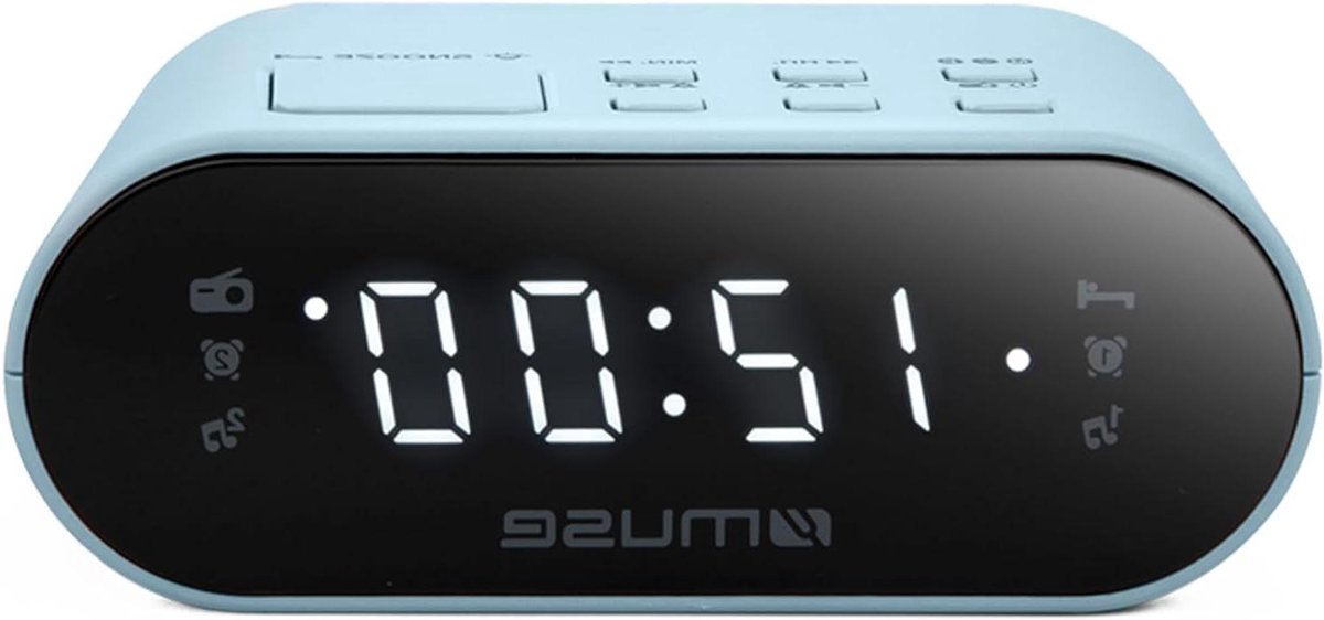 Muse M-10 LA radiografische klok, lichtblauw, FM/PLL-radio, met 20 voorkeuzezenders voor FM-zender, wekkerradio, 24-uurs klok met grote witte led en instelbare intensiteit.