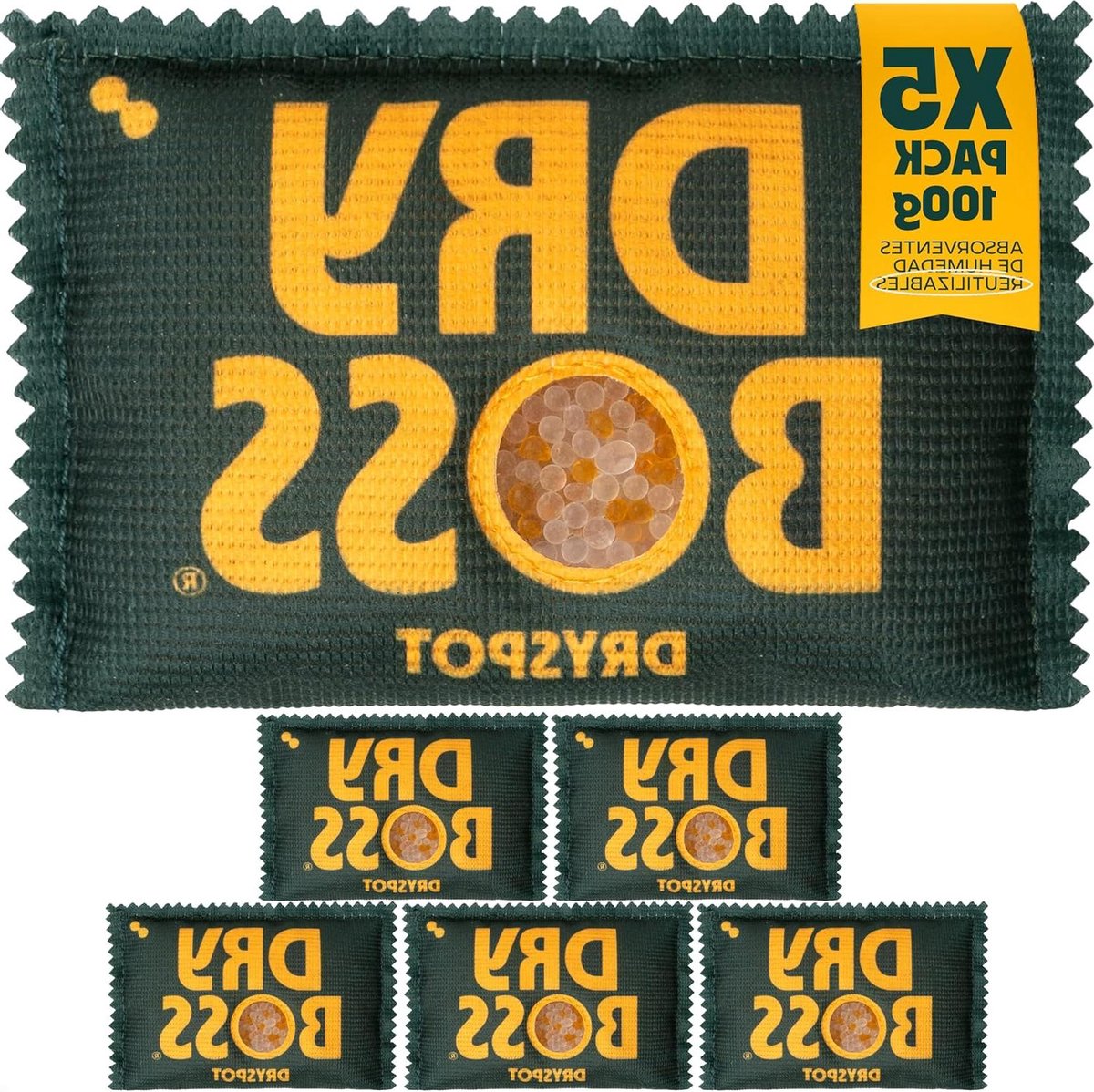 Dryspot Dryspot Droogmiddel, herbruikbaar, oplaadbaar, draagbaar, siliconengel, absorbeert vocht en geuren, kasten, laden, auto's, 3D-filamenten, kleding en kleine ruimtes, 5 x 100 g
