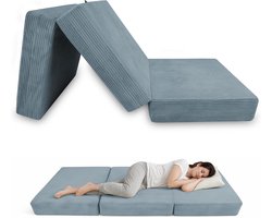 POKAR Opvouwbaar Matras 120x195x15 cm | 3-delig Vouwmatras Ribstof Corduroy | Comfortabel Logeermatras | Perfect als Gastenmatras of Campingmatras | OEKO-TEX Gecertificeerd | Made in EU | Blauw