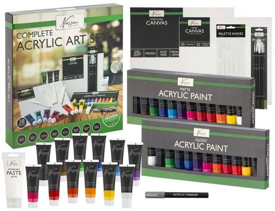 Complete acrylverf set met 38 stuks, waaronder tubes verf, canvas, paletmessen, kwasten en een zwarte marker.