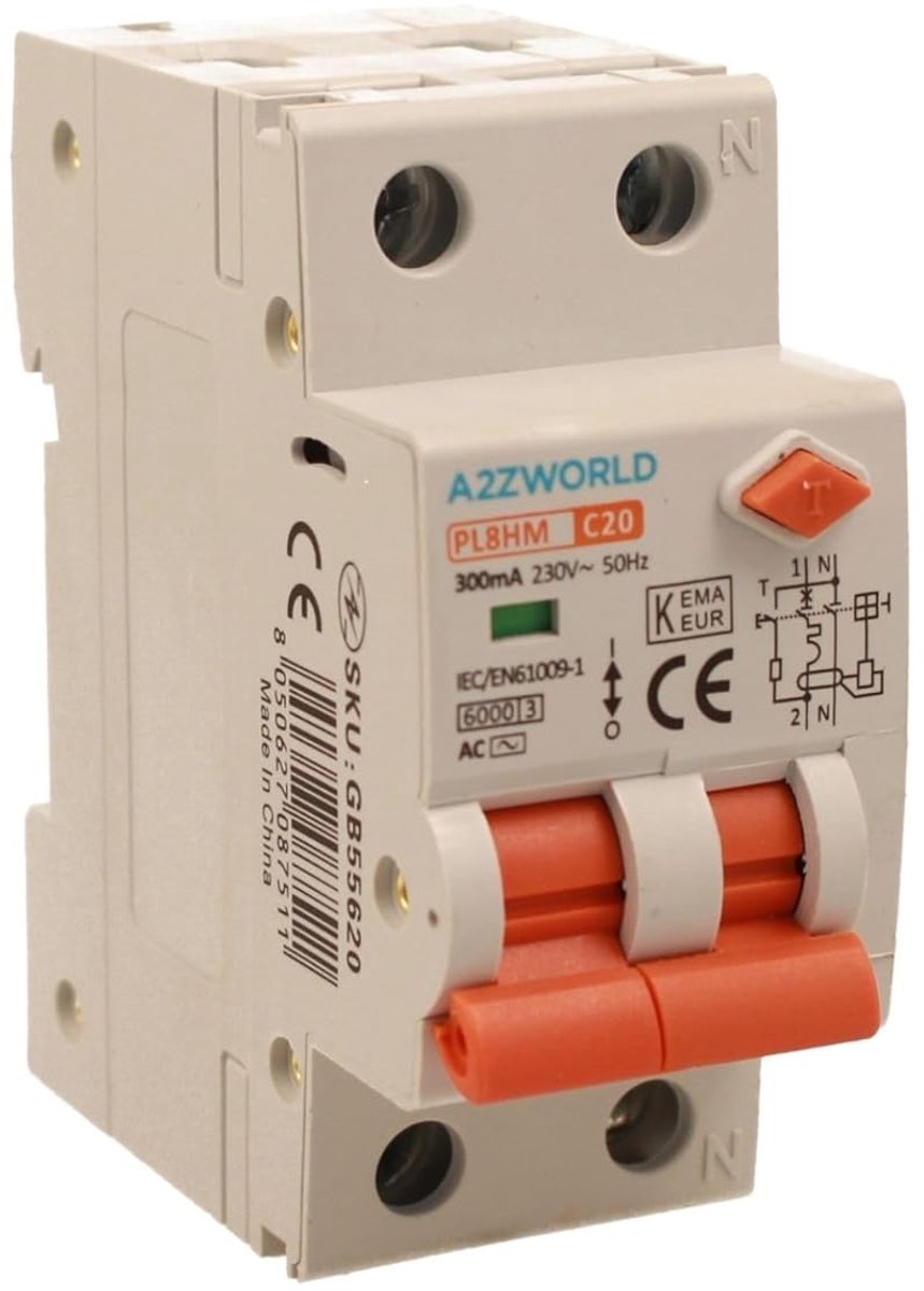 Aardlekschakelaar - Stroomonderbreker RCBO - Veilige Elektrische Installatie - 1P+N 300mA Bescherming - 2 DIN Modules