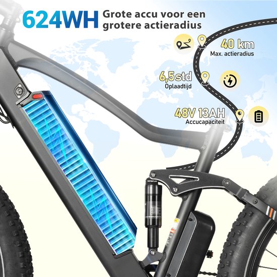Maxtron X1 Elektrische Fiets - 48V 13Ah Accu - Actieradius tot 100 km - 26×4.0 Inch Fatbike - Stadsfiets - Mechanische Schijfremmen - Max. Belastbaar 120 kg - Zwart — afbeelding 3