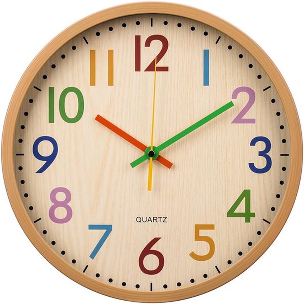 Kleurrijk stille wandklok, kinderklok, tikt niet, werkt op batterijen, ronde klok met bamboenerf voor klaslokaal, school, kantoor, slaapkamer, kinderkamerdecoratie, 30 cm