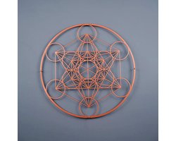 Metatrons Kubus Muurdecoratie - Geometrische Wandkunst - Woonkamer Verfraaien - Duurzaam Metaal - 90 x 90 cm - Koper