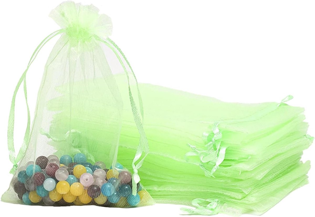 100 Stuks Lichtgroene Organza Cadeautasjes 10x15cm - Kleine Favor Bags voor Bruiloft, Verjaardag en Feestjes met Treklint, Ideaal voor Sieraden en Snoepjes