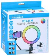 Grundig Ringlamp met Telefoonhouder - Ringlight met Tafelklem - Ø16cm Ringlicht met 48 LED's - 3 Lichtstanden en 15 Helderheidsniveaus - USB Voeding - Flexibele Armen - Voor Selfies, TikTok En Video's
