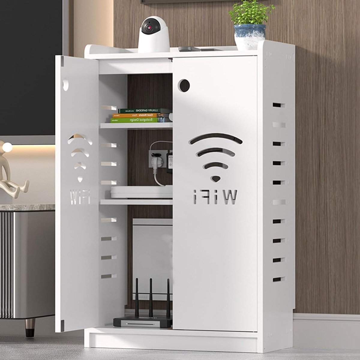 Router Opbergkast - Wifi Box - Kabels Organiseren - Ventilatiegaten - 50x80cm - Wit