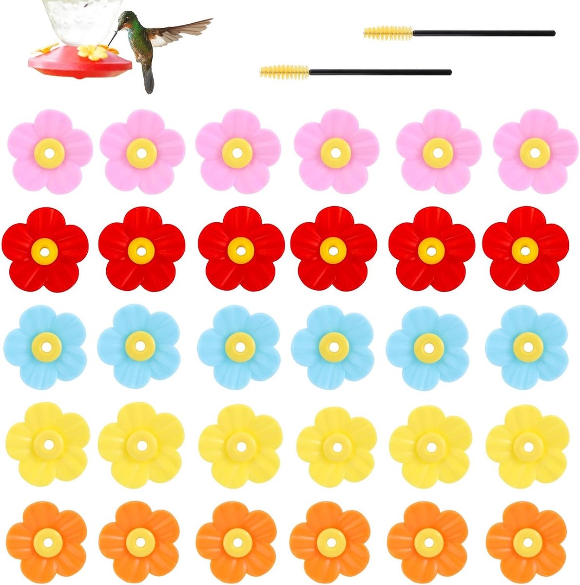 30 Stuks Vervangende Bloemen voor Kolibrievoeders, Kleurige PP Bloemen met 2 Schoonmaakborstels, Praktische Accessoires voor Buitenvoeders