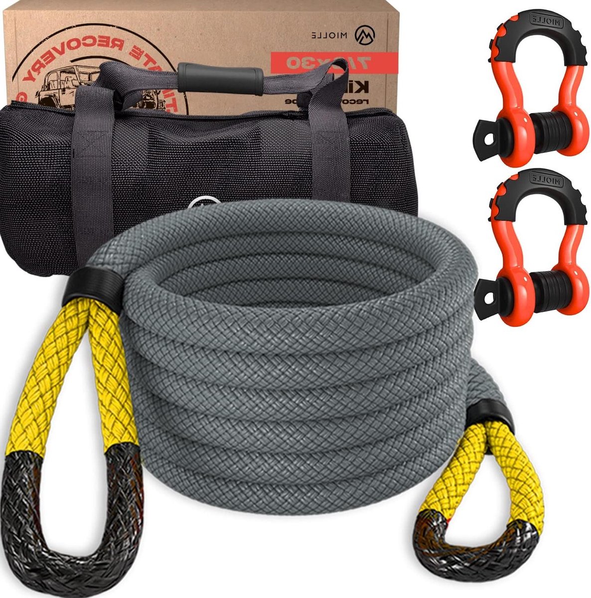 Kinetisch Touw - Sleeptouw Herstelkit - Voertuig Bevrijden - Dubbel Gevlochten Nylon - 7/8 x 30 voet - Zilver-geel