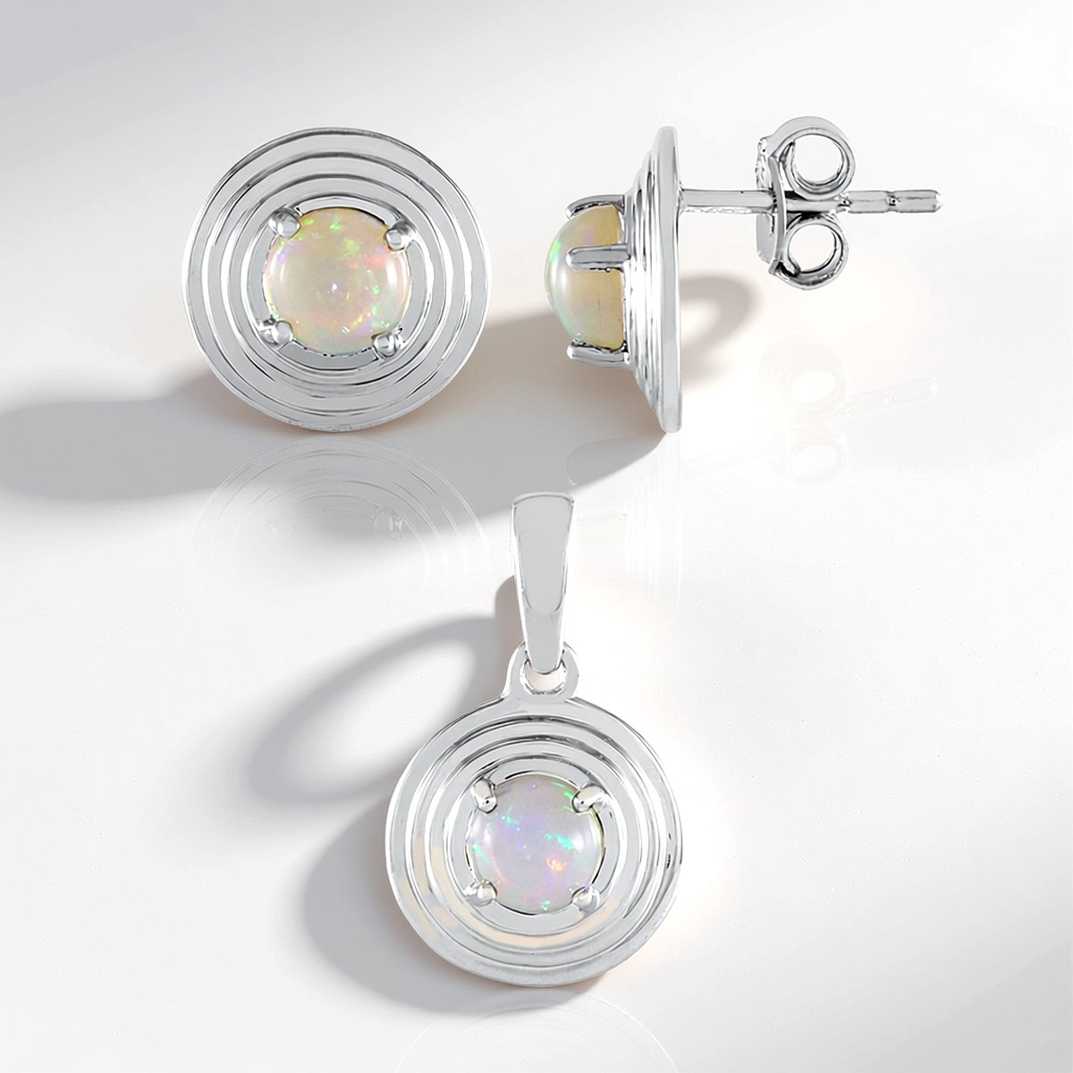 Cavill - 925 Sterling Zilveren Set met 3 Ethiopische Welo Opalen 1,575 ct - Ronde Cabochon Oorbellen en Hanger - Modern Elegant Sieraad