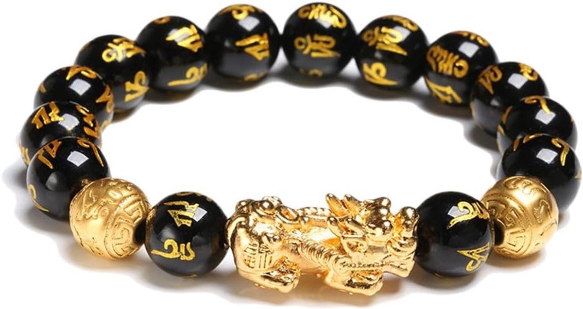 Feng Shui Armband van Zwarte Obsidiaan met Gouden Pi Xiu, Mantra Amulet en Geluksarmband voor Mannen en Vrouwen, Spirituele Sieraden voor Bescherming en Welvaart