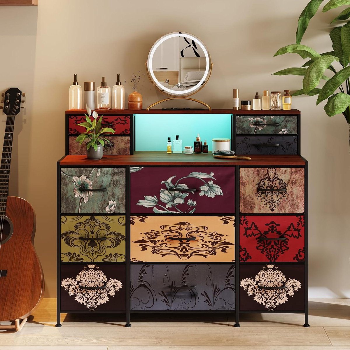 Make-uptafel Slaapkamer - Kaptafel Commode - Sieraden Opbergen - 13 Laden en Planken - 109 x 97 cm - Vintage Bloemen