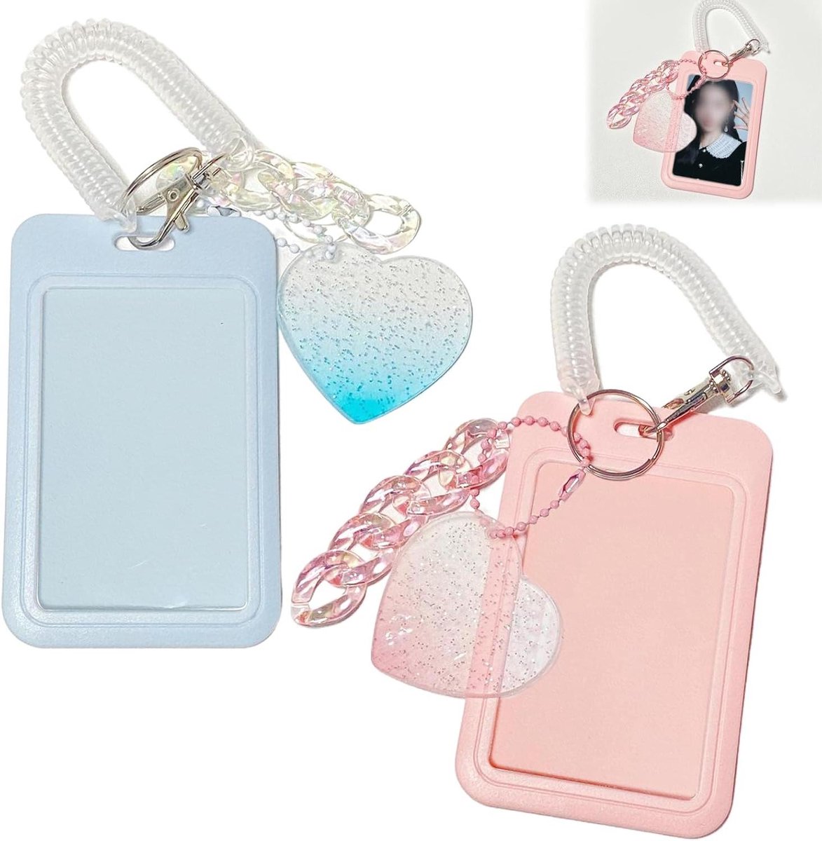 Fotokaarthouder Sleutelhanger - Kaarthouder Organizer - Foto's Tonen - Met Hartvormige Hanger - 69 x 110 mm - Roze en Blauw